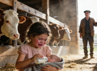 „Žao mi je, gospodine… nemam novca za mlijeko,“ prošaputala je sedmogodišnja djevojčica u pet i trideset ujutro — ali kada ju je teksaški rančer pratio kroz kišu i otkrio gdje se skriva s izgladnjelom bebom, razotkrio je šokantnu priču o napuštanju i borbi za starateljstvo kakvu niko nije mogao naslutiti 😱